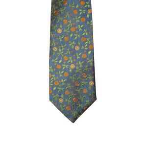 Lee Allison 100% Silk Citrus Floral Blue Orange Botanical Tie NWOT Wedding